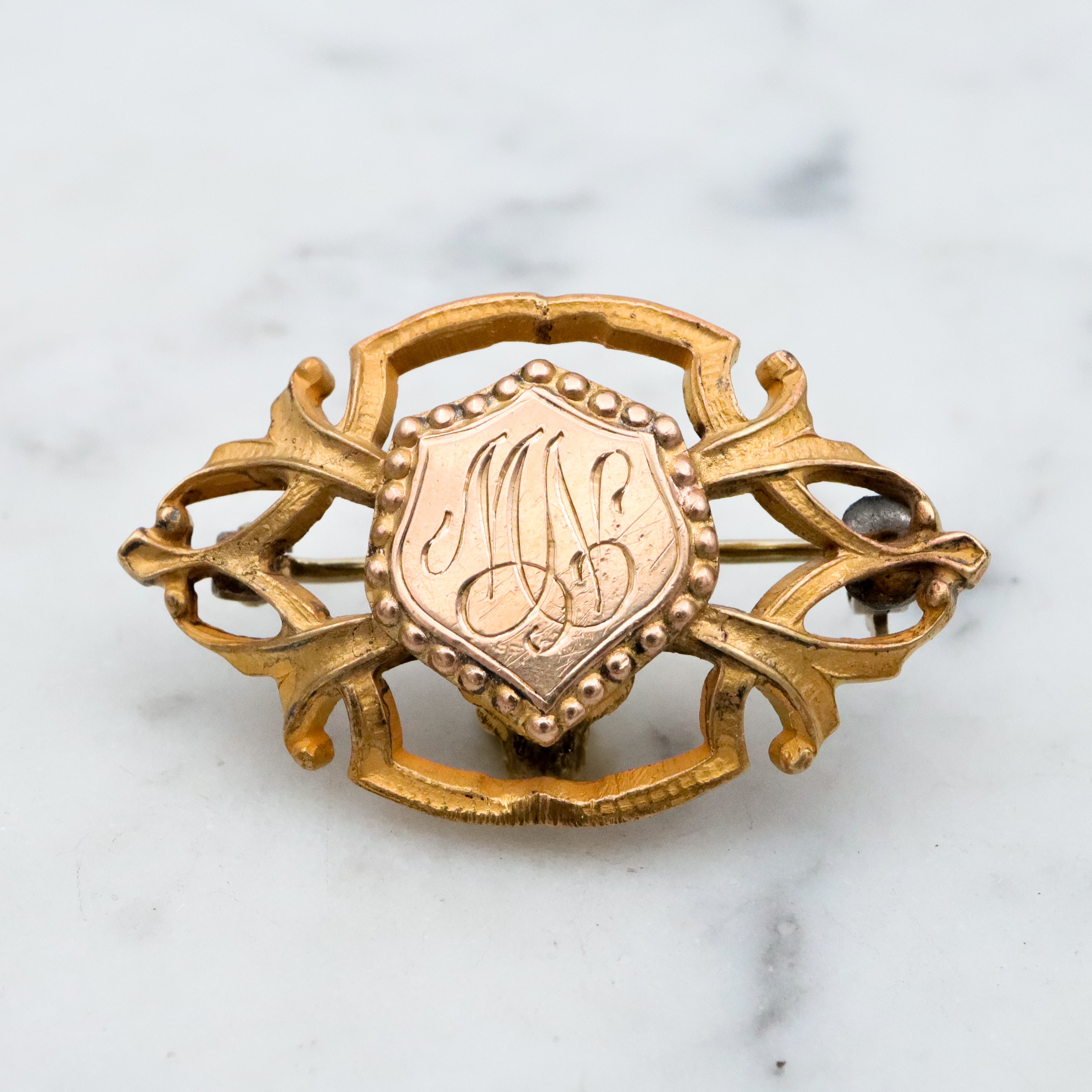 Antique Art Deco gilt metal & gold filled watch clip brooch with "MN" mono shield